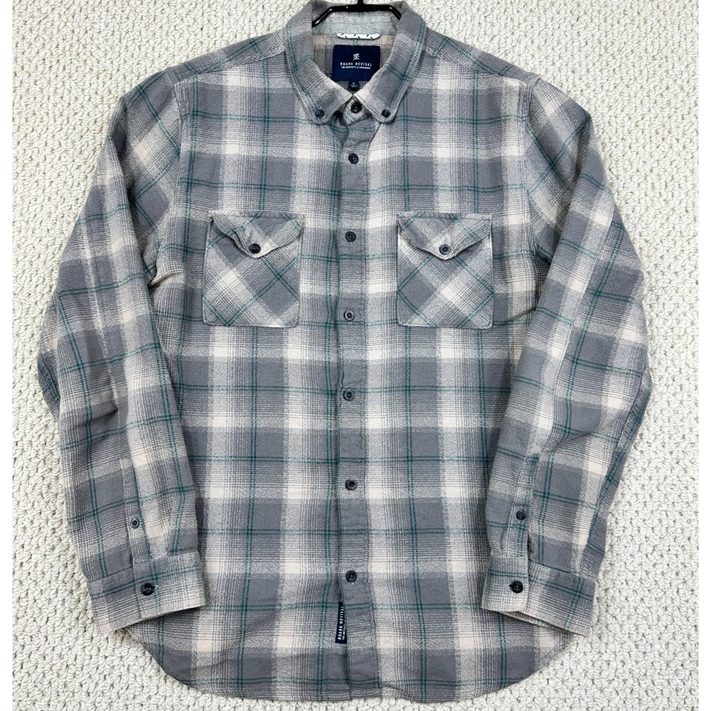 Roark Revival Flannel MensL Gray Khaki Plaid Long Sleeve Button Up Outdoor Shirt
